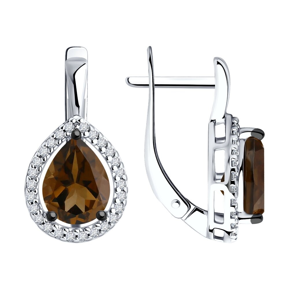 Ohrringe mit Rauchquarz und Zirkonia aus russischem 925 Silber mit englischem Verschluss Ohrringe mit Rauchquarz und Zirkonia aus russischem 925 Silber mit englischem Verschluss