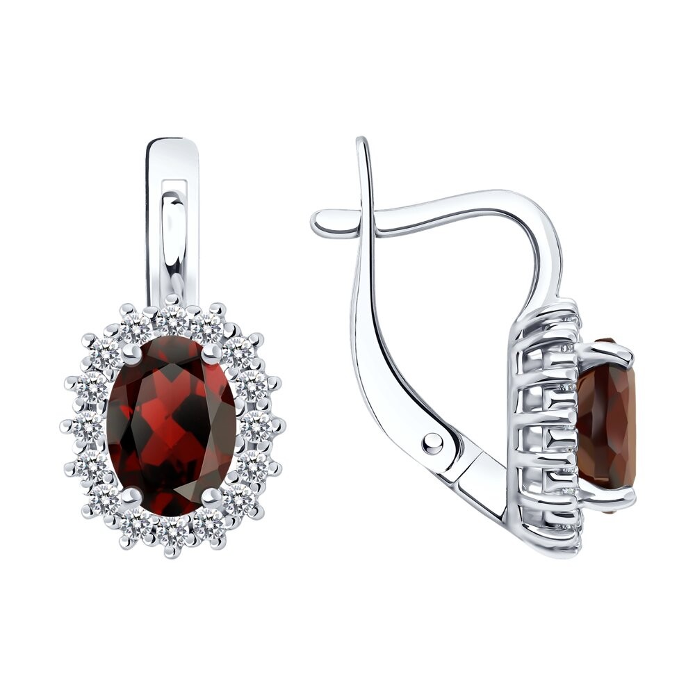 Серьги из серебра с гранатами и фианитами, английский замок