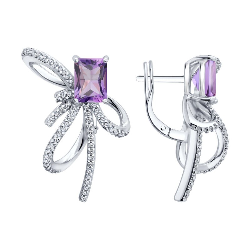 Серьги из серебра 925 пробы с аметистами и фианитами, английский замок