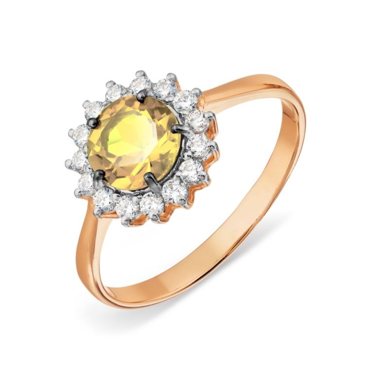 Женское кольцо с цитрином и фианитами из красного золота