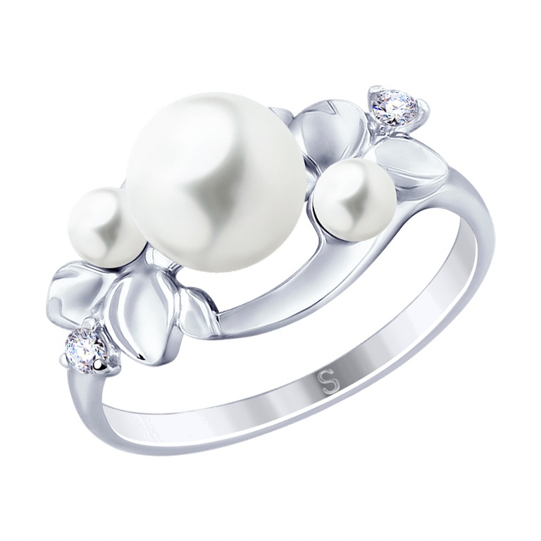 Женское кольцо из серебра с жемчугом и фианитами Женское кольцо из серебра с жемчугом и фианитами