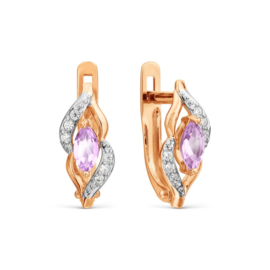 Серьги из красного золота 585 пробы с аметистами и фианитами