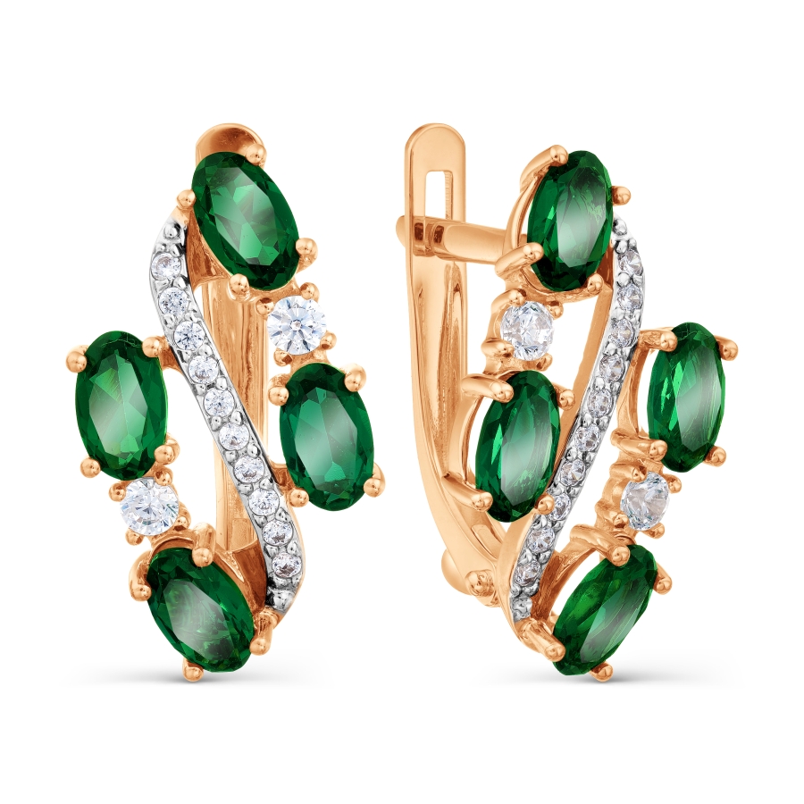 Серьги из красного золота 585 пробы c изумрудами гидр. и фианитами Серьги из красного золота 585 пробы c изумрудами гидр. и фианитами