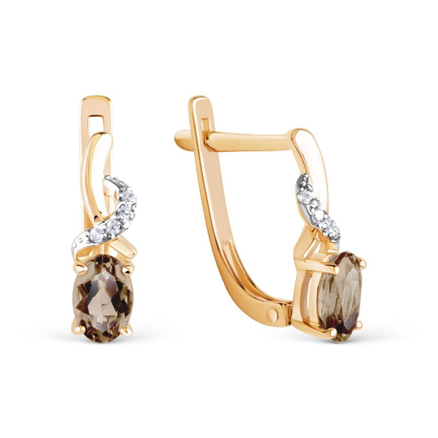 Серьги из красного золота 585 пробы с раухтопазами и фианитами Серьги из красного золота 585 пробы с раухтопазами и фианитами