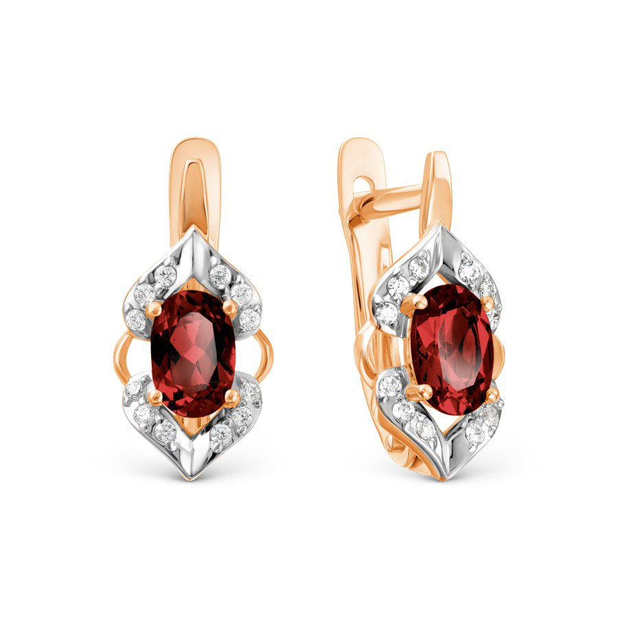 Серьги с фианитами и гранатами из красного золота 585 пробы
