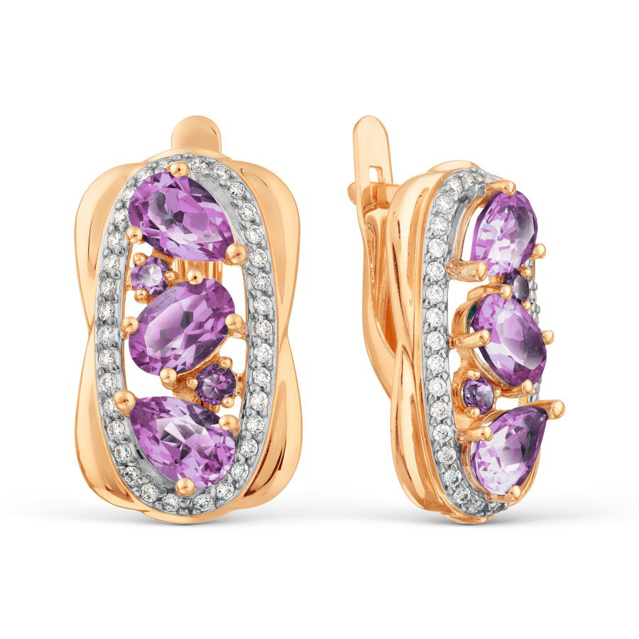 Серьги с аметистами и фианитами из золота 585 пробы Серьги с аметистами и фианитами из золота 585 пробы