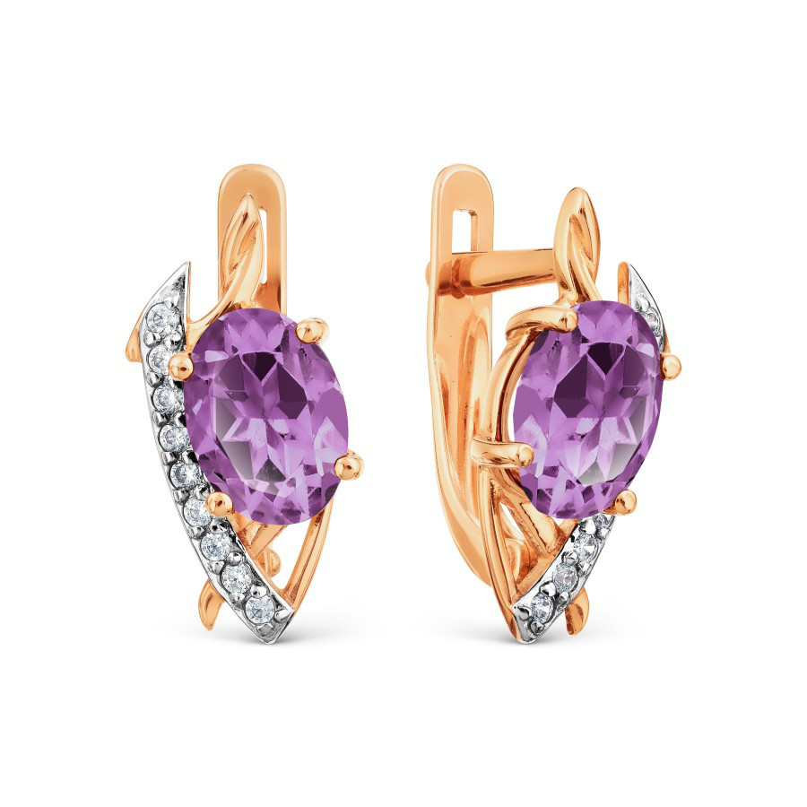 Серьги с аметистами и фианитами из красного золота 585 пробы