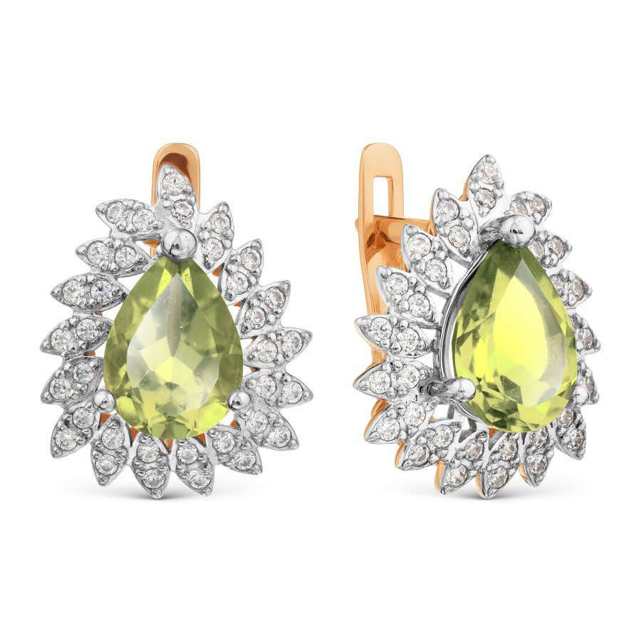 Серьги с хризолитами и фианитами из красного золота 585 пробы