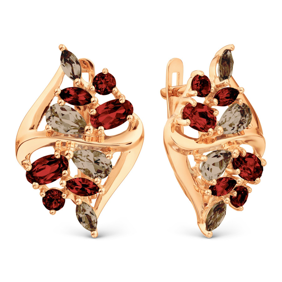 Серьги из красного русского золота 585 пробы с гранатами и раухтопазами