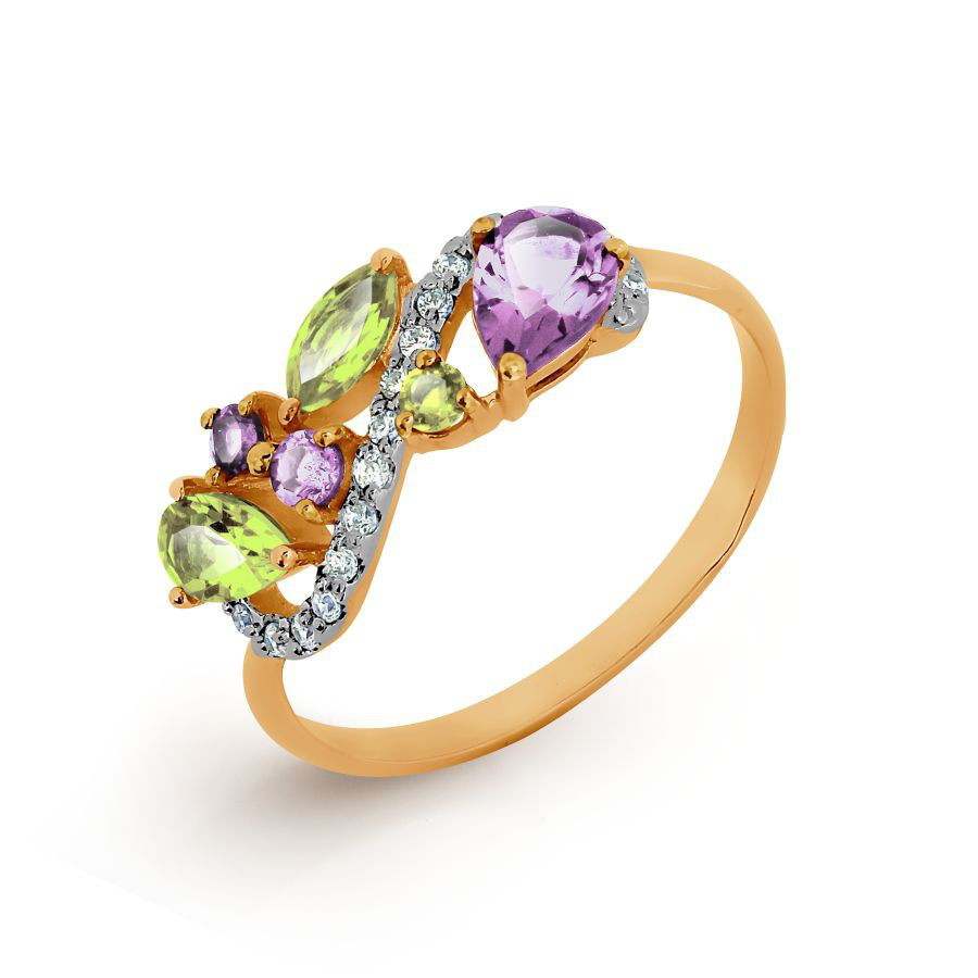 Кольцо с аметистами хризолитами и фианитами из красного золота 585 пробы