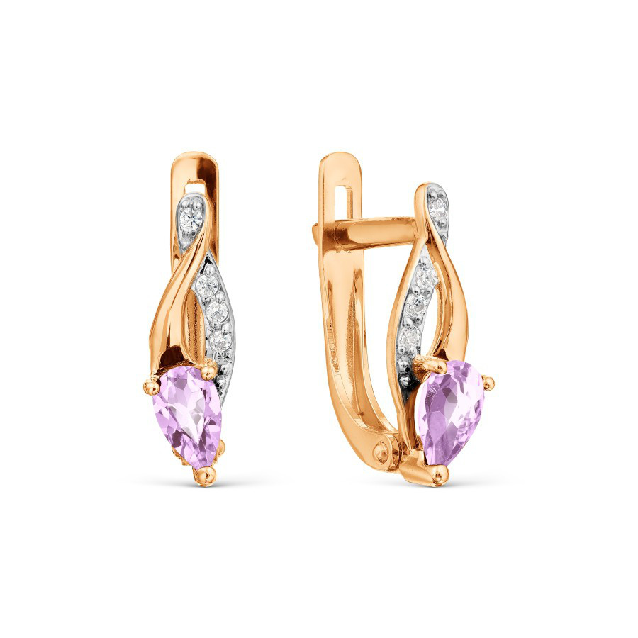Серьги из красного золота 585 пробы с аметистами и фианитами